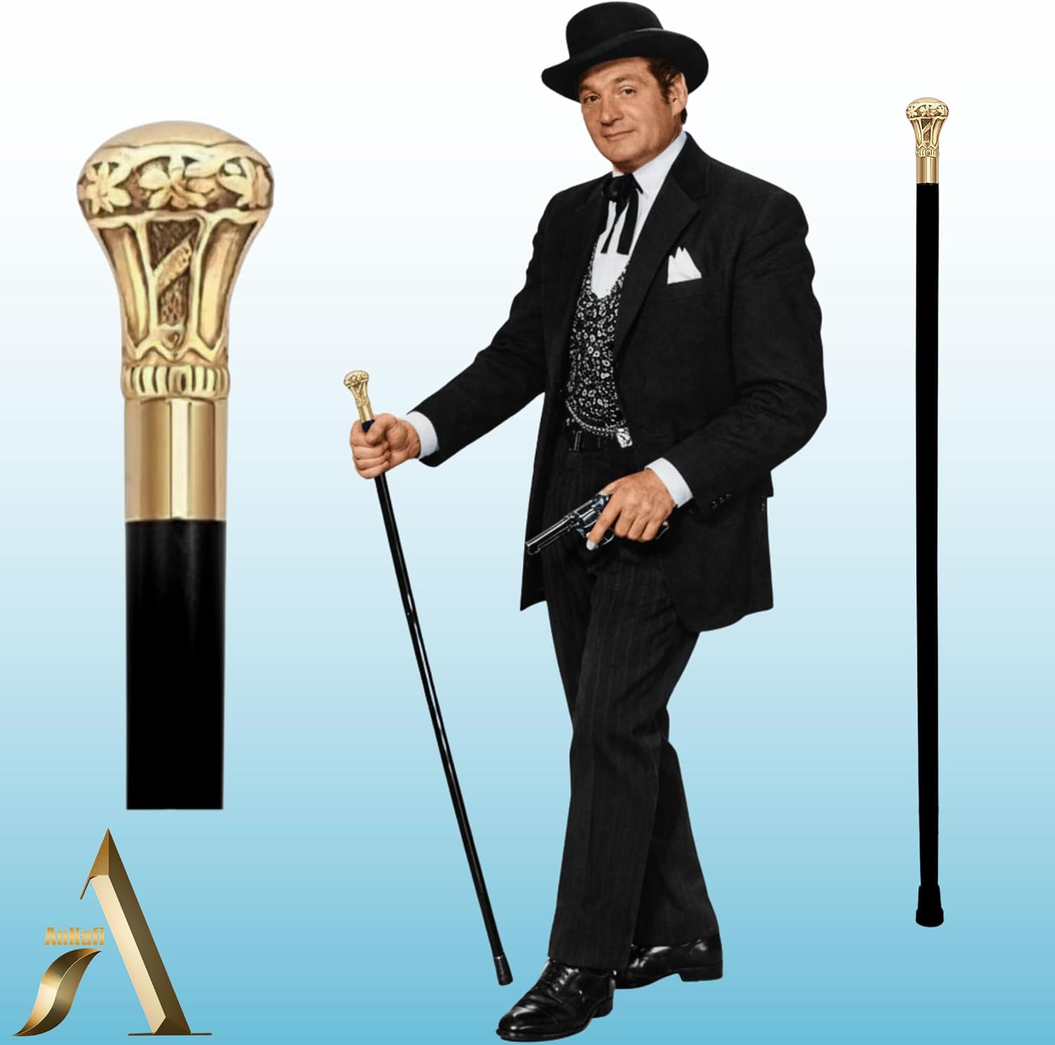 AnNafi® Replica of Bat Masterson Cane| Decorative Defense Victorian Canes and Walking Sticks for Men & Women |Pewter Brass Handle Unisex Derby Cane| Lightweight Sturdy Folding Classic Walking Stick‼️good condition and little dirt‼️